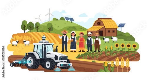 Future of Agriculture: Autonomous Tractor, Diverse Farmers, and Renewable Energy on a Sustainable Smart Farm Illustration.
