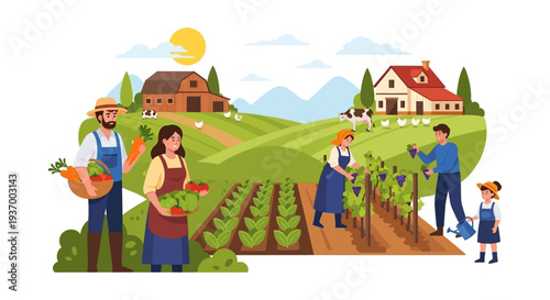 Family Farming and Harvest Illustration: Happy Farmers Picking Organic Vegetables and Grapes on a Rural Farm with Barn and Livestock