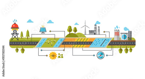Infrastructure and Energy Flow Diagram Flat Design. Industrial Ecology, Renewable Resources, Utility Grid, and Resource Management Concept.