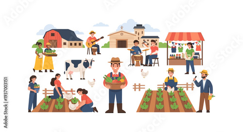 Vibrant Rural Community Life Illustration: Farmers, Local Market, Agriculture, Livestock, and Village Festival Activities.
