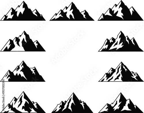 Collection of diverse mountain ranges in black and white illustrations