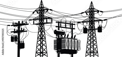 Electrical power substation silhouette with high voltage transmission towers, transformers, and utility poles for industrial energy and electricity vector design.