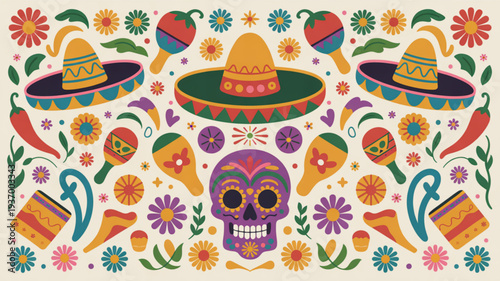 Vibrant mexican fiesta pattern with colorful sombreros sugar skull flowers and chili peppers on cream background