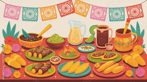 Vibrant mexican fiesta table setting with traditional food and drinks