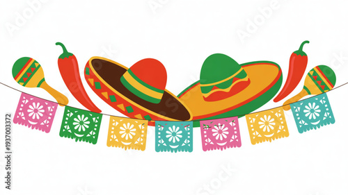 Vibrant mexican fiesta elements with sombreros chili peppers and colorful papel picado banners on white background