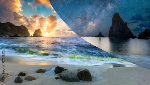 Tropical Beach Divided Diagonally with Golden Sunrise Over Ocean Horizon, Vibrant Summer Seascape Background