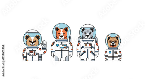 4 cute animals in spacesuits lineup for space mission concept