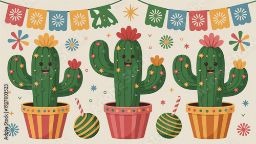 Three cartoon cacti in pots with colorful flowers and decorations festive background with paper banners and confetti