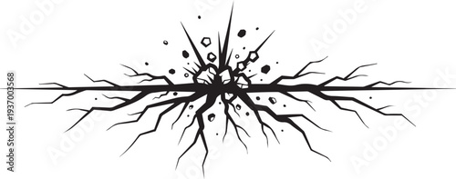 Cracked Ground with Debris Exploding Outwards Line Art Illustration