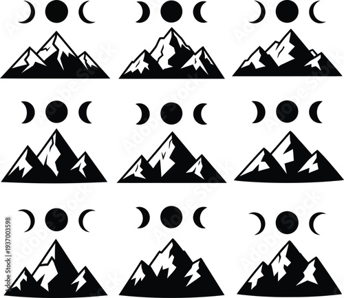Phases of the moon and mountain landscape illustrations