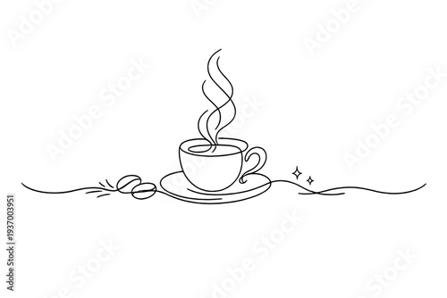 Minimalist line art of a steaming coffee cup with beans and decorative swirls
