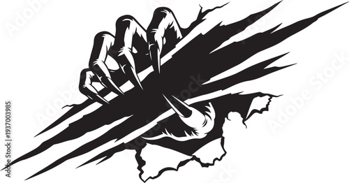 Monster Claw Ripping Through Surface Sharp Talons Breaking Through Aggressive Action Graphic Illustration