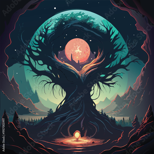 Vector illustration of mystical tree with glowing moon and roots