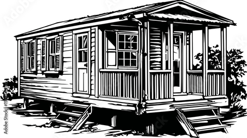 Black and white illustration of a small, rustic wooden house with a porch and steps