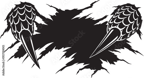 Two alien insect heads emerging from a torn rip in black space graphic illustration