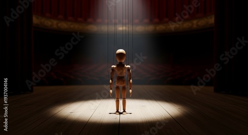 A jointed wooden figure stands in a singular beam of light, representing the individual's role in the theater of life and the search for purpose. This minimalist scene reflects on destiny, control, an