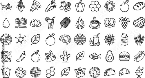 Healthy food and organic product line icon collection featuring fruits, vegetables, grains, beverages, bakery, honey, spices and nutrition symbols for restaurant menu and wellness design