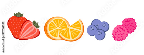 Set of berries and citrus fruits including strawberry, orange, blueberry and raspberry. 