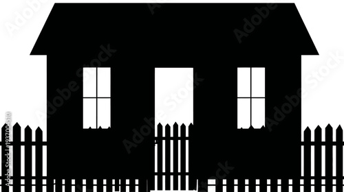 A silhouette illustration of a house with a picket fence, window, door, and a simplistic roof
