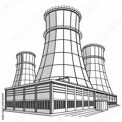 Cooling tower power plant industrial grayscale 1 black and white