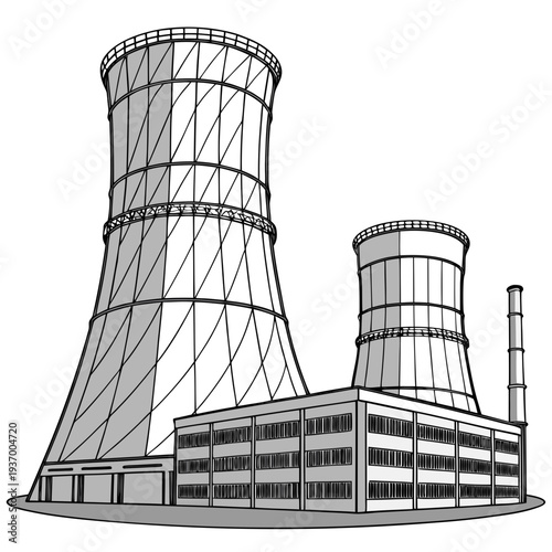 Nuclear power plant with cooling towers and building