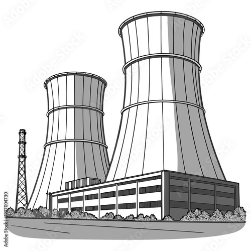 Nuclear power plant with cooling towers and building 1