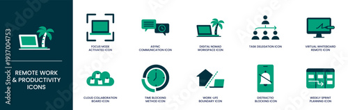 Remote Work and Digital Productivity Duotone Icon Set for Global Nomad Workspace and Team Management