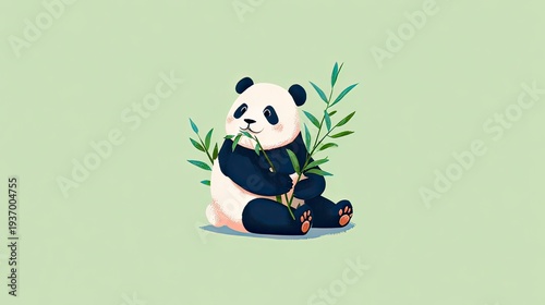 Adorable cartoon panda eating bamboo on green background