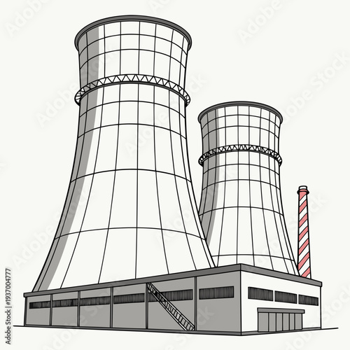 Cooling towers and industrial building with chimney
