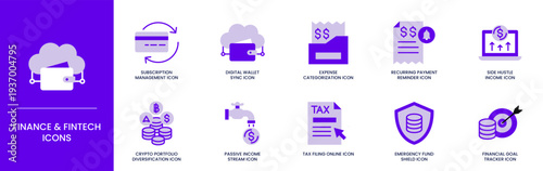 Finance and Fintech Duotone Icon Set for Digital Banking Payment and Financial Goal Tracking Systems