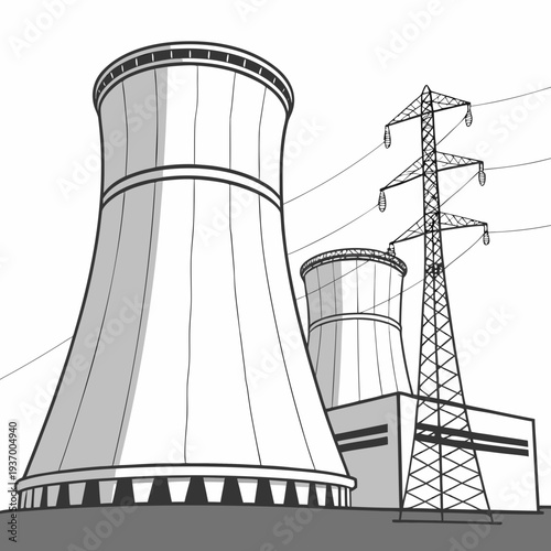 Nuclear power plant with cooling towers and transmission tower