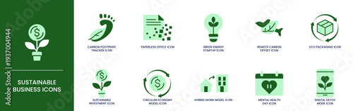Sustainable Business Duotone Icon Set for Green Energy Eco Friendly Ethics and Circular Economy