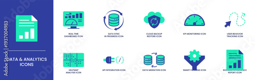 Data and Analytics Duotone Icon Set for Real Time Business Intelligence and Information Visualization