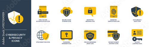 Cybersecurity and Privacy Duotone Icon Set for Data Protection and Secure Network Access Solutions