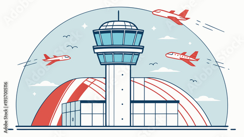 Airport control tower and planes flying in a blue sky  