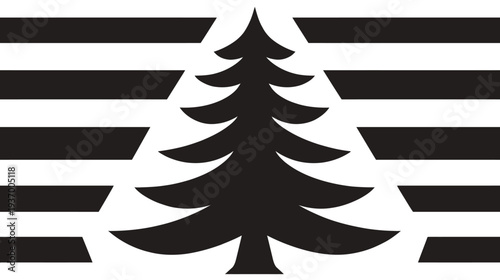 A black tree silhouette overlaid with black horizontal bars on a white background