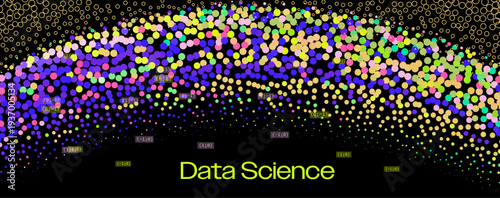 Colorful circles in rainbow hues form a dense wavy cluster with coordinate labels on black background in vibrant vector art. Conceptual vector illustration for data science and colorful data visualiza
