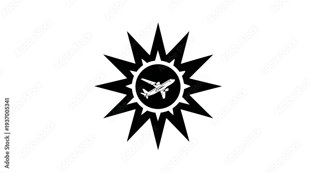 Obraz premium A black and white emblem featuring a jet plane within a circle surrounded by spiky bursts