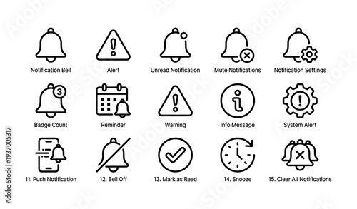 Notification icons set: bell alert system symbols for reminders and alerts