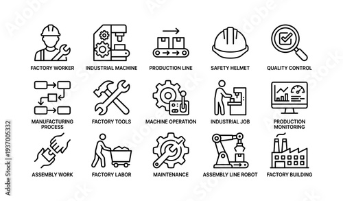 Industrial icons collection: machines, tools, and safety equipment for manufacturing