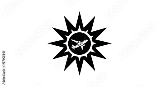 A black and white emblem featuring a jet plane within a circle surrounded by spiky bursts