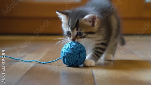 Playful kitten with blue yarn on wooden floor, close-up view of striped face and whiskers, captured from eye level in a cozy indoor setting