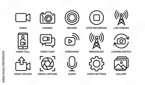Collection of media and communication icons including video, camera, streaming, and audio symbols