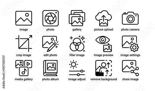 Image and photo editing icons set: tools for adjustment, upload, and sharing features