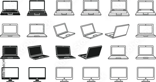 Laptop and desktop monitor icons collection, computer hardware symbols, device illustration, technology design, digital equipment graphics, modern screen essentials