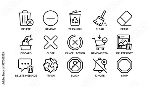 Collection of minimalist black line icons for deleting and removing actions