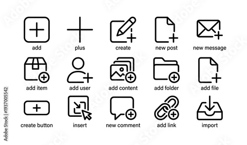 Set of 16 add and create icons for digital content management