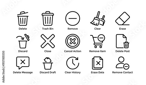 Set of 15 minimalist icon designs for deleting and removing actions