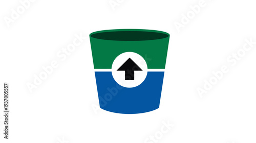 A cylindrical shape with green top and blue base features an arrow within a white circle