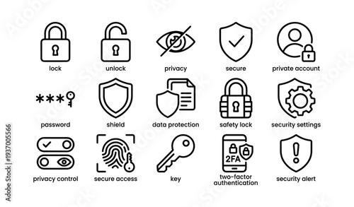 Security icons set featuring lock, privacy, and authentication symbols